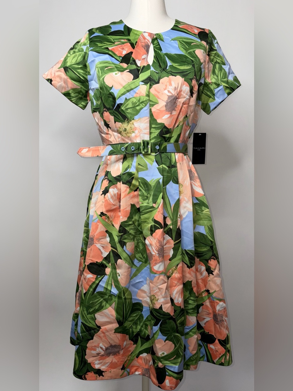 NWT TAHARI ASL Peach Floral Fit-and-Flare Dress with Blue Base - Picture 4 of 8